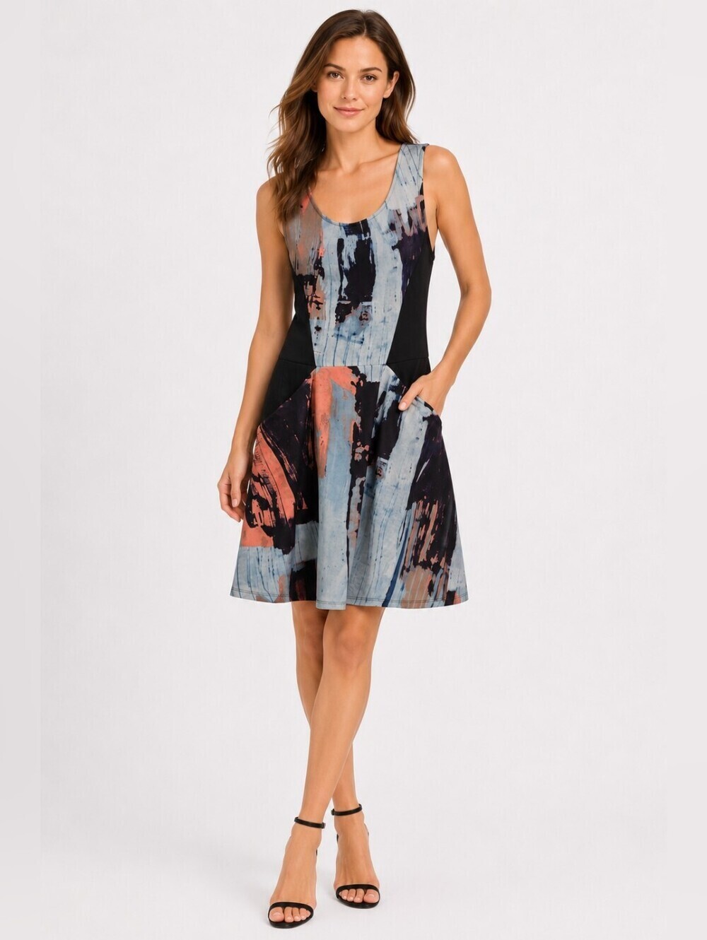 Mossimo Abstract Print Fit & Flare Dress Teal Coral Black Sleeveless Small